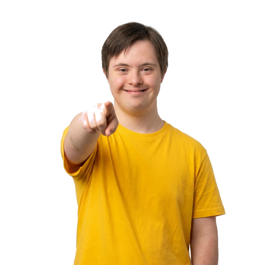 A smiling young person in a yellow shirt pointing toward the camera