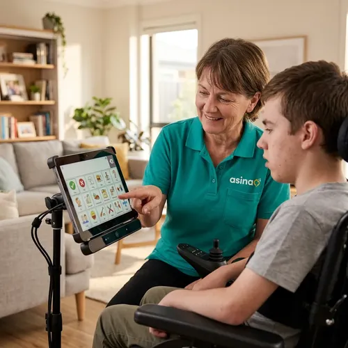 Quality disability support worker using assistive technology with participant